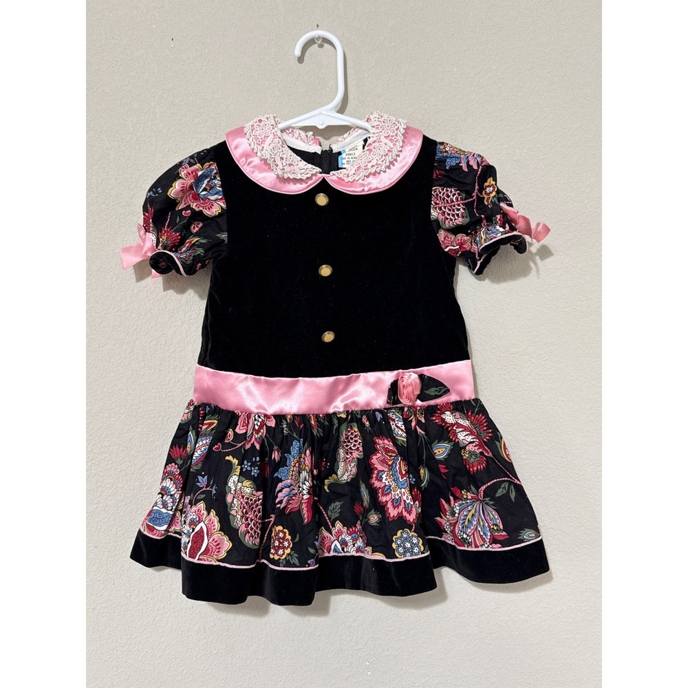 Vintage Toddler Girls Velvet & Floral Dress 3T Lace Peter Pan Collar Satin 80's